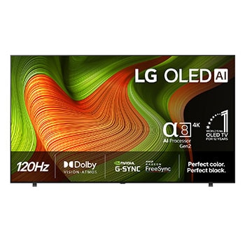 Vy framifrån av LG OLED AI B5 4K Smart TV. Emblemet 12 år som världens ledande OLED och logotypen LG OLED AI 2025 visas på skärmen.