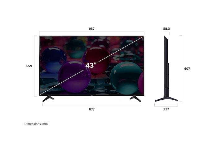 Vy framifrån och från sidan av LG UHD AI UA73 4K Smart TV som visar dess längd, bredd, höjd och djupdimensioner.