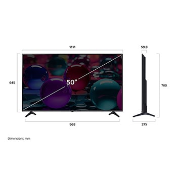 Vy framifrån och från sidan av LG UHD AI UA73 4K Smart TV som visar dess längd, bredd, höjd och djupdimensioner.