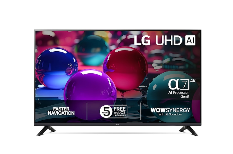 Vy framifrån av UHD UA73 TV, LG UHD Al-logotyp i det övre hörnet. LG UHD TV visar färgglada målarfärgtexturer som möts.