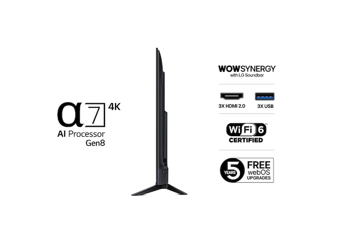 Vy från vänster av LG UHD UA73 TV.