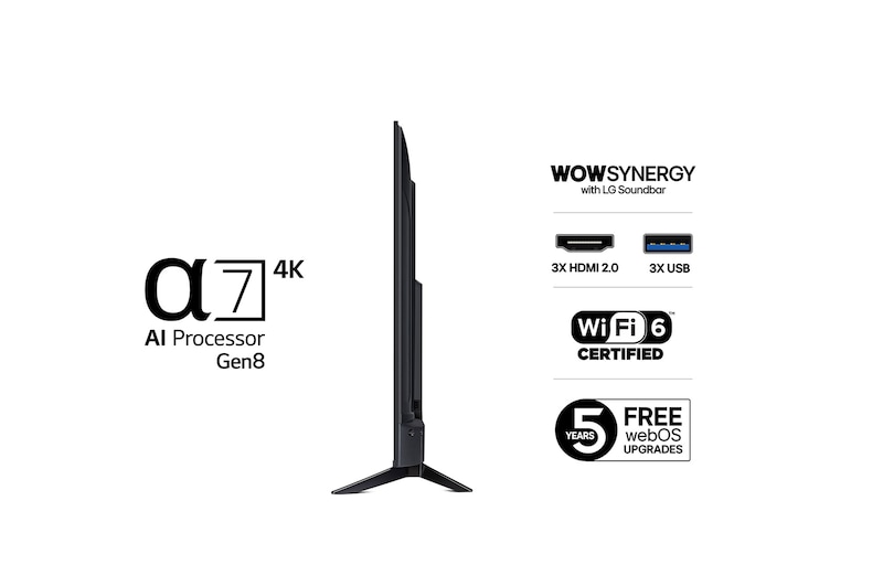 Vy från vänster av LG UHD UA73 TV.