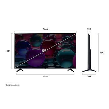 Vy framifrån och från sidan av LG UHD AI UA73 4K Smart TV som visar dess längd, bredd, höjd och djupdimensioner.
