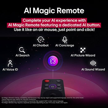 LG AI Magic Remote framför en LG TV-skärm. På skärmen visas en personlig hälsning från LG AI med anpassade nyckelord baserade på användarens sök- och visningshistorik. Vid fjärrkontrollen visas en ikon och etikett som visar att AI Concierge-funktionen är lättillgänglig med ett kort tryck på AI-knappen. 