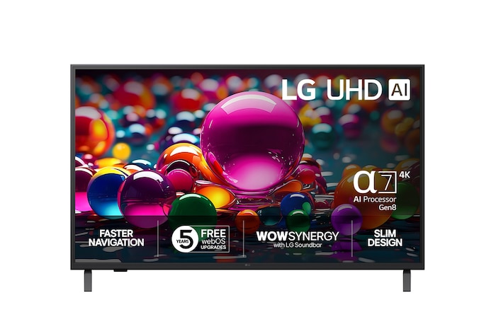 Vy framifrån av UHD UA75 TV, LG UHD Al-logotyp i det övre hörnet. LG UHD TV visar färgglada målarfärgtexturer som möts.