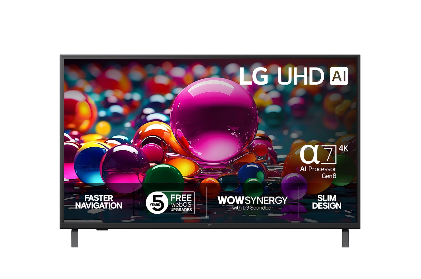 Vy framifrån av UHD UA75 TV, LG UHD Al-logotyp i det övre hörnet. LG UHD TV visar färgglada målarfärgtexturer som möts.