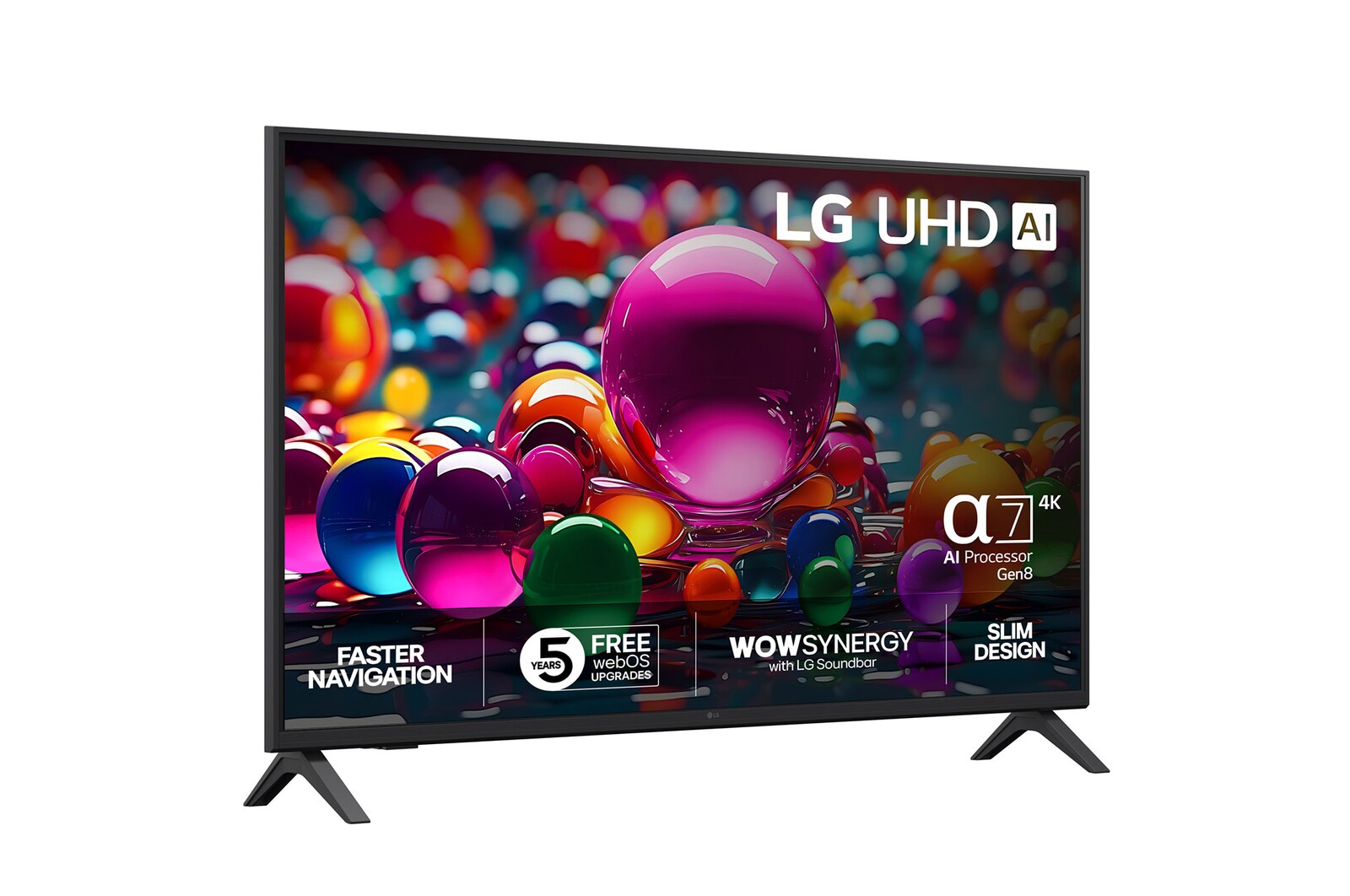 Vy från vänster av LG UHD UA75 TV.