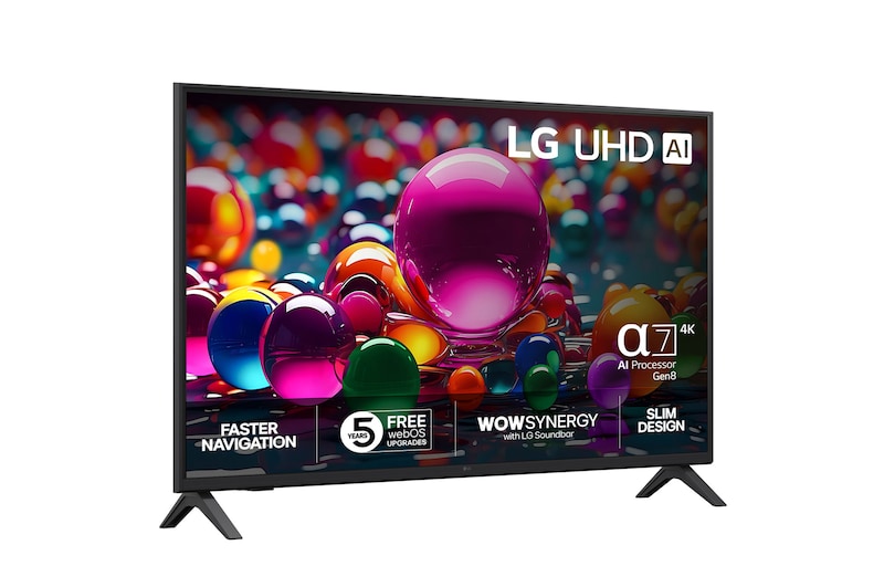 Vy från vänster av LG UHD UA75 TV.