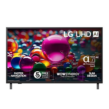 Vy framifrån av UHD UA75 TV, LG UHD Al-logotyp i det övre hörnet. LG UHD TV visar färgglada målarfärgtexturer som möts.