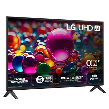 Vy från vänster av LG UHD UA75 TV.