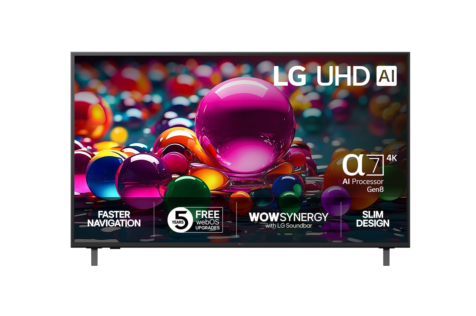 Vy framifrån av UHD UA75 TV, LG UHD Al-logotyp i det övre hörnet. LG UHD TV visar färgglada målarfärgtexturer som möts.