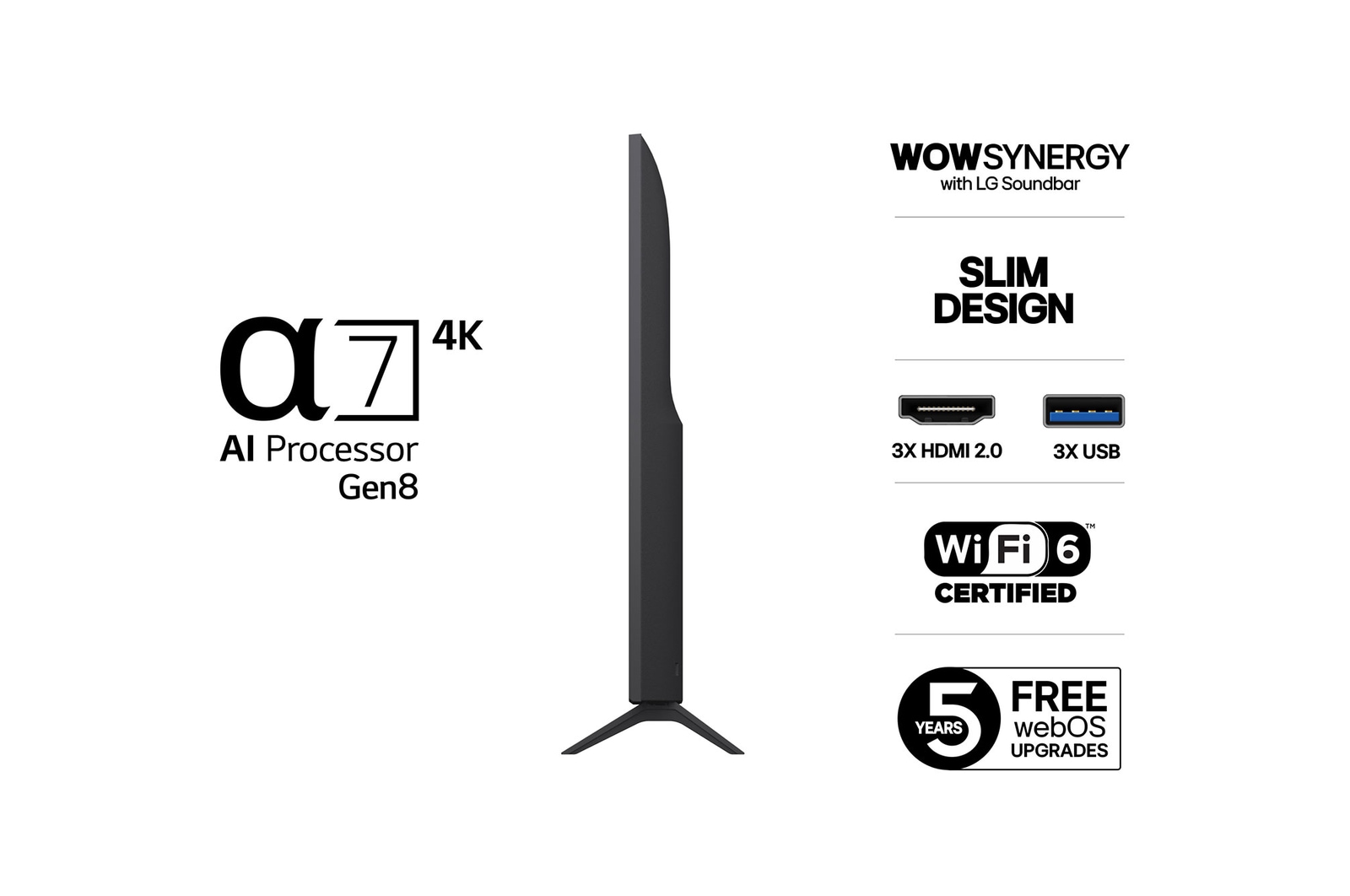 Vy från vänster av LG UHD UA75 TV.