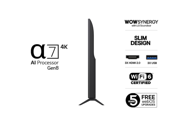 Vy från vänster av LG UHD UA75 TV.