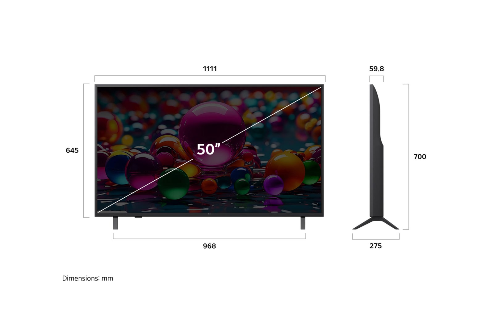 Vy framifrån och från sidan av LG UHD AI UA75 4K Smart TV som visar dess längd, bredd, höjd och djupdimensioner.