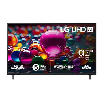 Vy framifrån av UHD UA75 TV, LG UHD Al-logotyp i det övre hörnet. LG UHD TV visar färgglada målarfärgtexturer som möts.
