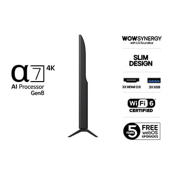 Vy från vänster av LG UHD UA75 TV.