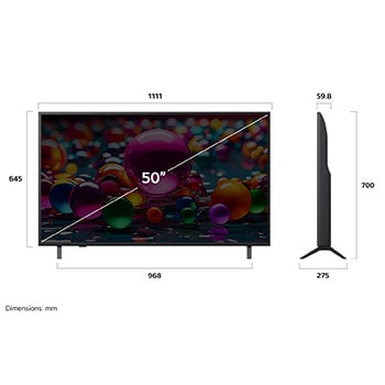 Vy framifrån och från sidan av LG UHD AI UA75 4K Smart TV som visar dess längd, bredd, höjd och djupdimensioner.