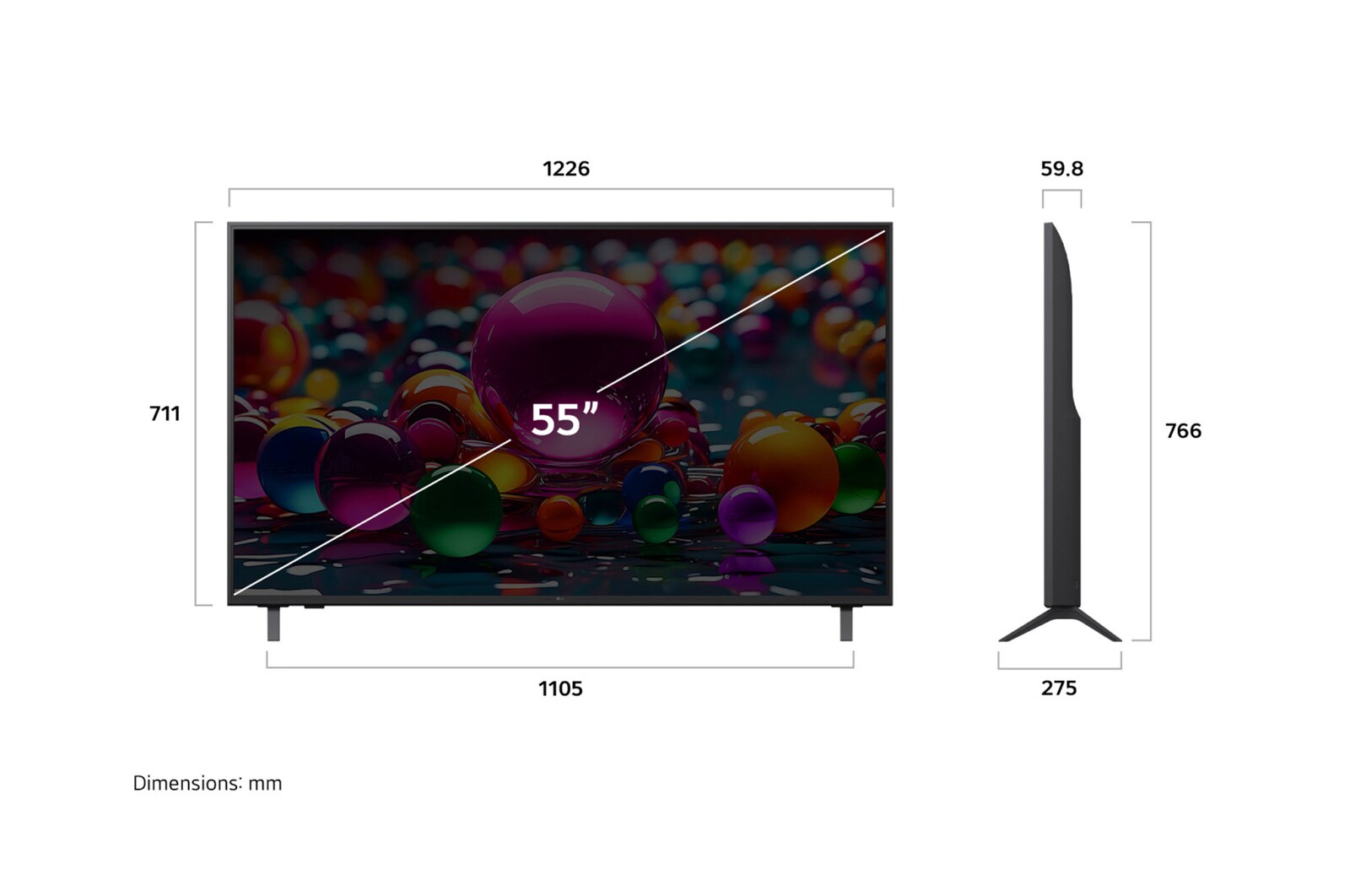 Vy framifrån och från sidan av LG UHD AI UA75 4K Smart TV som visar dess längd, bredd, höjd och djupdimensioner.
