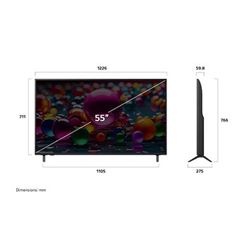Vy framifrån och från sidan av LG UHD AI UA75 4K Smart TV som visar dess längd, bredd, höjd och djupdimensioner.