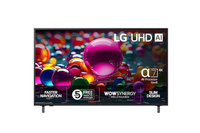 Vy framifrån av UHD UA75 TV, LG UHD Al-logotyp i det övre hörnet. LG UHD TV visar färgglada målarfärgtexturer som möts.