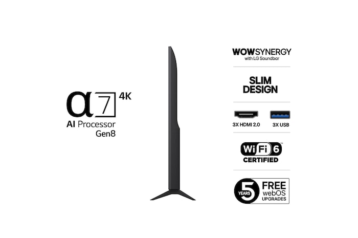 Vy från vänster av LG UHD UA75 TV.