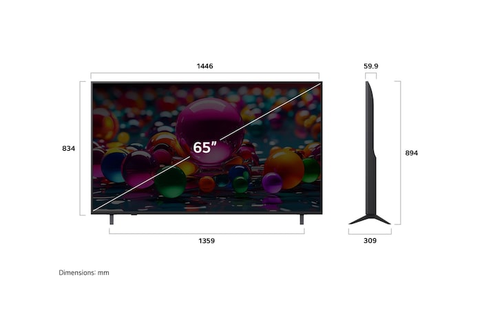 Vy framifrån och från sidan av LG UHD AI UA75 4K Smart TV som visar dess längd, bredd, höjd och djupdimensioner.