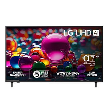 Vy framifrån av UHD UA75 TV, LG UHD Al-logotyp i det övre hörnet. LG UHD TV visar färgglada målarfärgtexturer som möts.