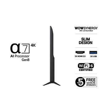 Vy från vänster av LG UHD UA75 TV.