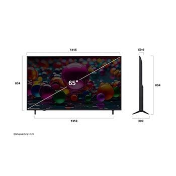 Vy framifrån och från sidan av LG UHD AI UA75 4K Smart TV som visar dess längd, bredd, höjd och djupdimensioner.