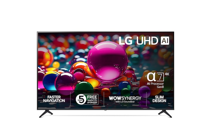Vy framifrån av UHD UA75 TV, LG UHD Al-logotyp i det övre hörnet. LG UHD TV visar färgglada målarfärgtexturer som möts.