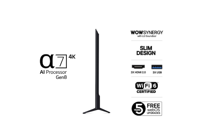 Vy från vänster av LG UHD UA75 TV.