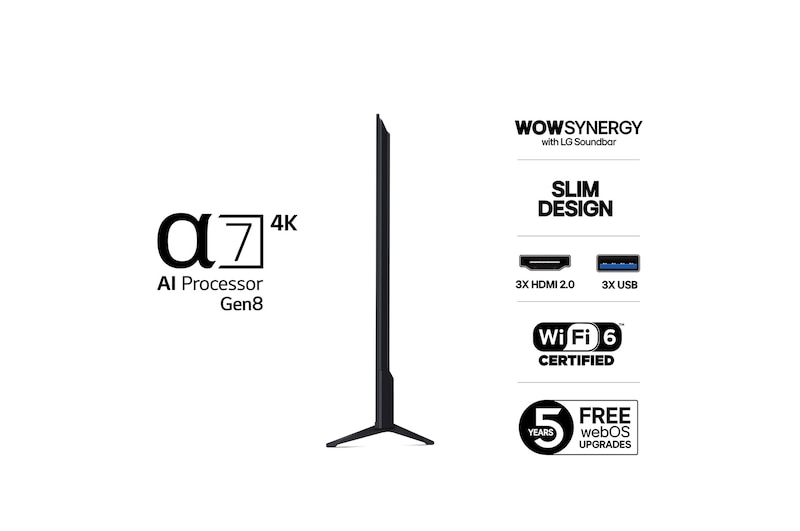 Vy från vänster av LG UHD UA75 TV.