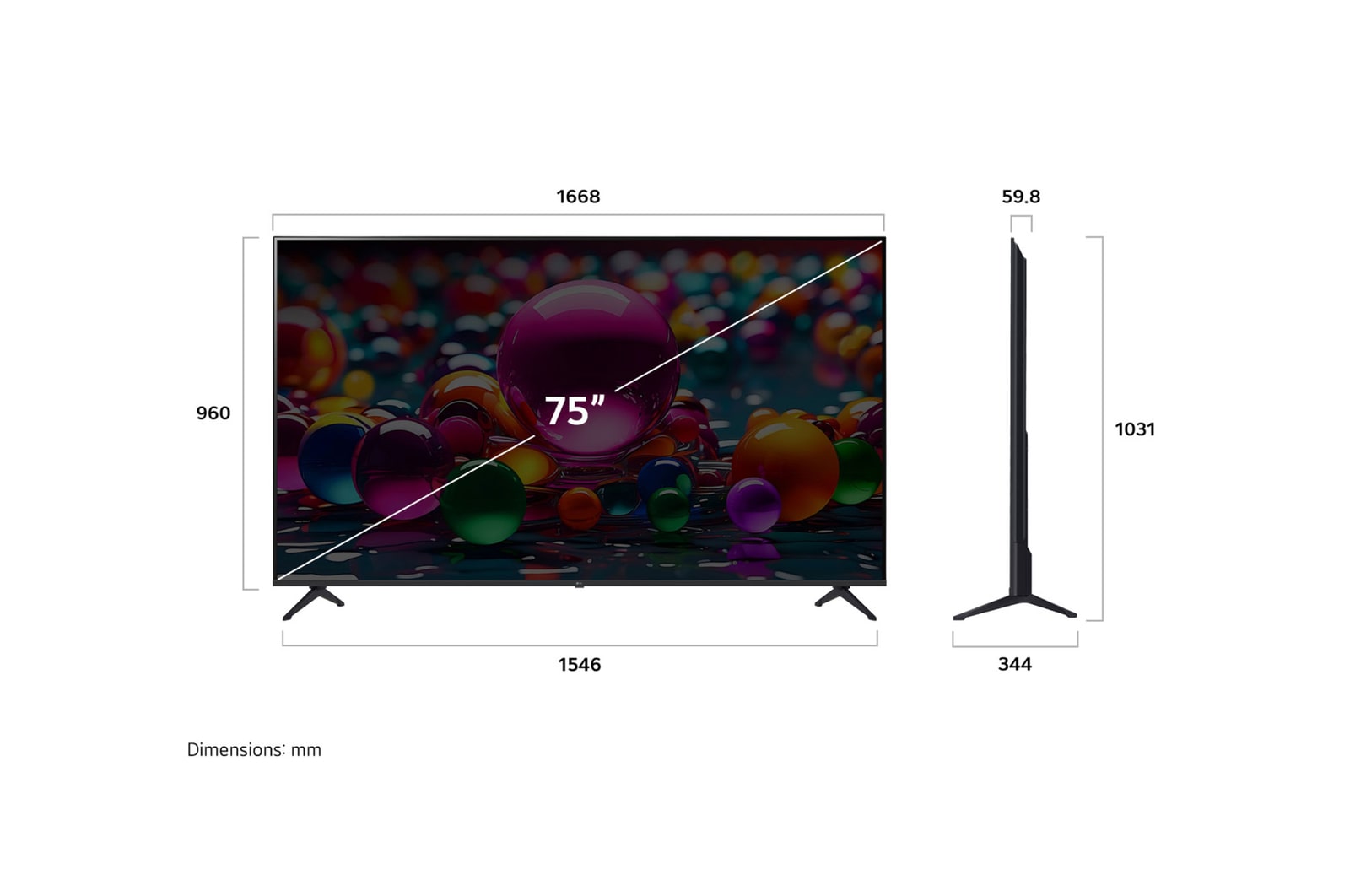 Vy framifrån och från sidan av LG UHD AI UA75 4K Smart TV som visar dess längd, bredd, höjd och djupdimensioner.
