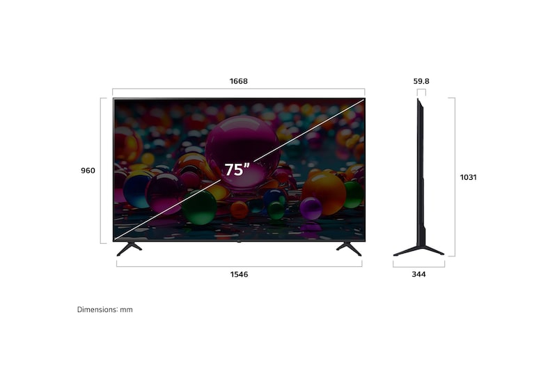 Vy framifrån och från sidan av LG UHD AI UA75 4K Smart TV som visar dess längd, bredd, höjd och djupdimensioner.