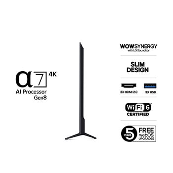 Vy från vänster av LG UHD UA75 TV.