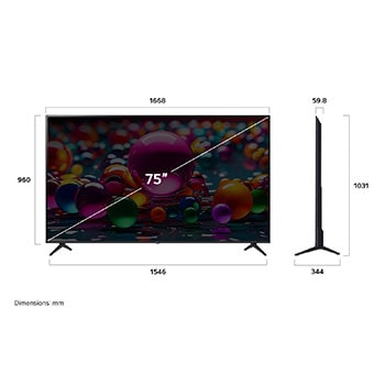 Vy framifrån och från sidan av LG UHD AI UA75 4K Smart TV som visar dess längd, bredd, höjd och djupdimensioner.