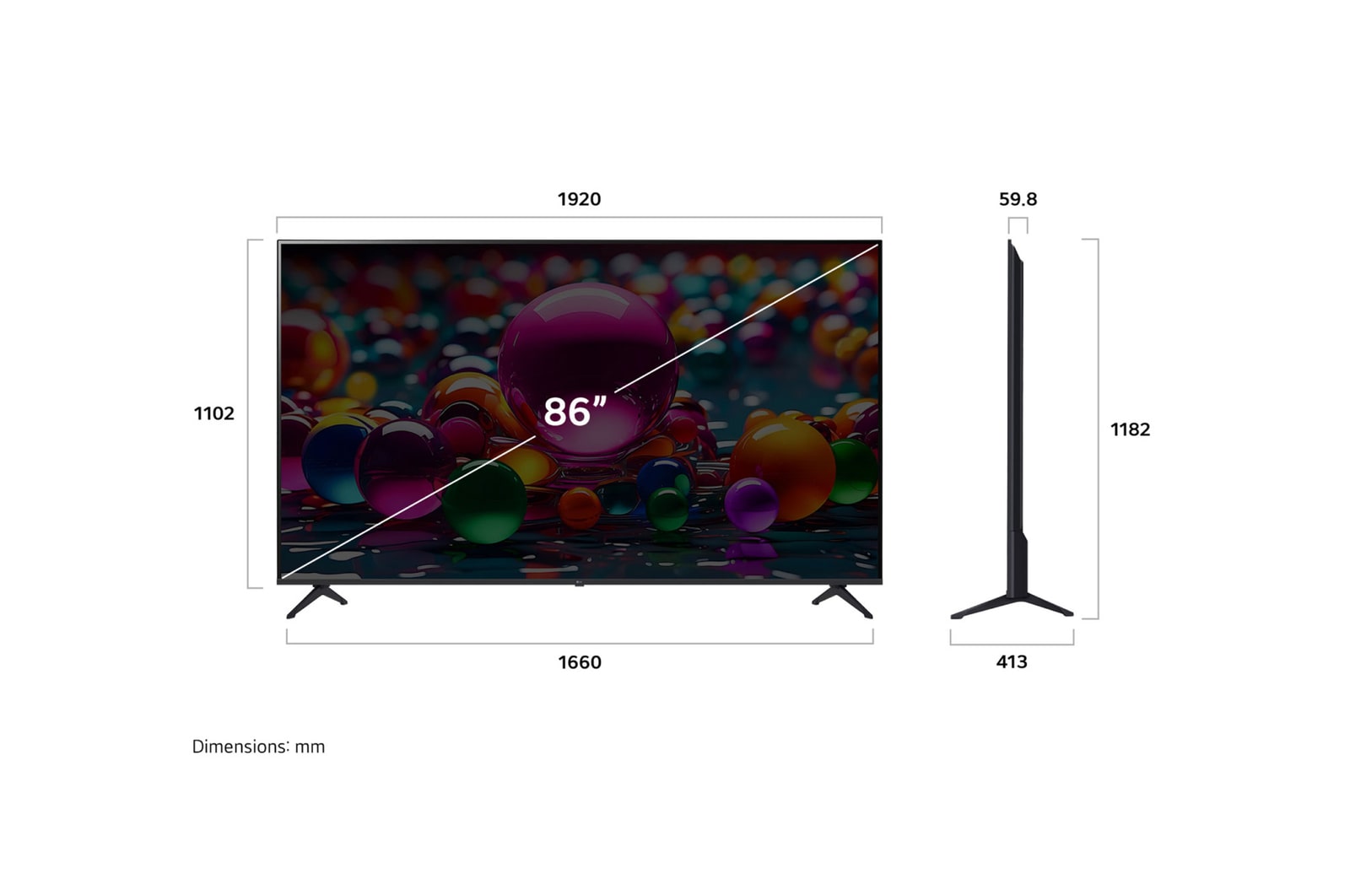 Vy framifrån och från sidan av LG UHD AI UA75 4K Smart TV som visar dess längd, bredd, höjd och djupdimensioner.