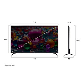 Vy framifrån och från sidan av LG UHD AI UA75 4K Smart TV som visar dess längd, bredd, höjd och djupdimensioner.