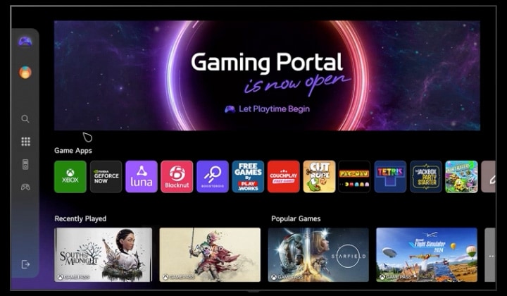 LG TV visar Gaming Portal-skärmen och rullar nedåt genom tillgängliga spel och funktioner. Videon visar en användare som navigerar till inställningsmenyn till vänster och visar olika spelalternativ, inklusive GFN, Luna, Blacknut, Boosteroid och Xbox.