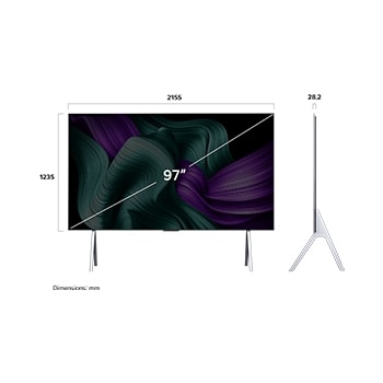 Front view and side view of LG OLED M5 Signature TV showing its length, width, height, and depth dimensions.