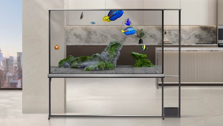 LG SIGNATURE OLED T-skärmen visar T-Home och växlar sedan över till Always Ready där T-Objet med titeln Aquarium väljs. En akvariescen avbildas på den genomskinliga skärmen på LG Signature OLED T.
