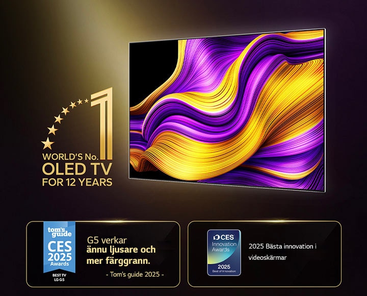 Emblem för "LG OLED TV med världens ledande OLED TV i 12 år". Vunna priser visas också. Tom's Guide 2025 CES Awards, Bästa TV:n, G5 verkar ännu ljusare och mer färggrann. 2025 CES Innovation Awards, 2025 Best of Innovation i kategorin videodisplayer.se