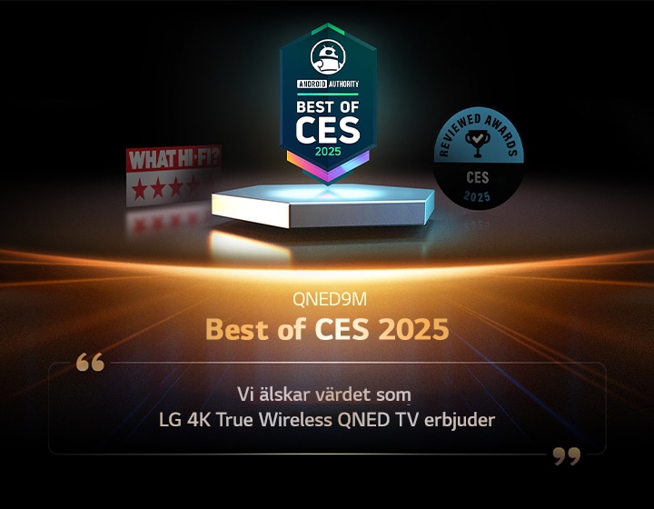 Pris för QNED9M från Android Authority. Best of CES 2025-utmärkelse. Utdrag från deras recension lyder, vi älskar värdet som LG 4K True Wireless QNED TV erbjuder.