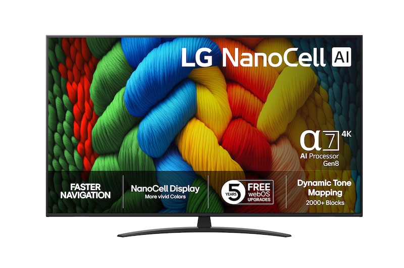 Vy framifrån av NanoCell TV, LG NanoCell Al-logotyp i det övre hörnet. LG NanoCell NANO80 TV visar färgglada målarfärgtexturer som möts.