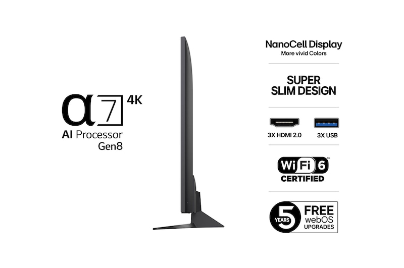 Vy från vänster av LG NanoCell NANO80 TV.