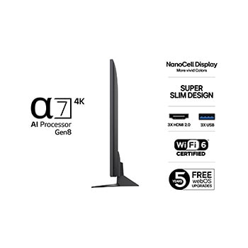 Vy från vänster av LG NanoCell NANO80 TV.