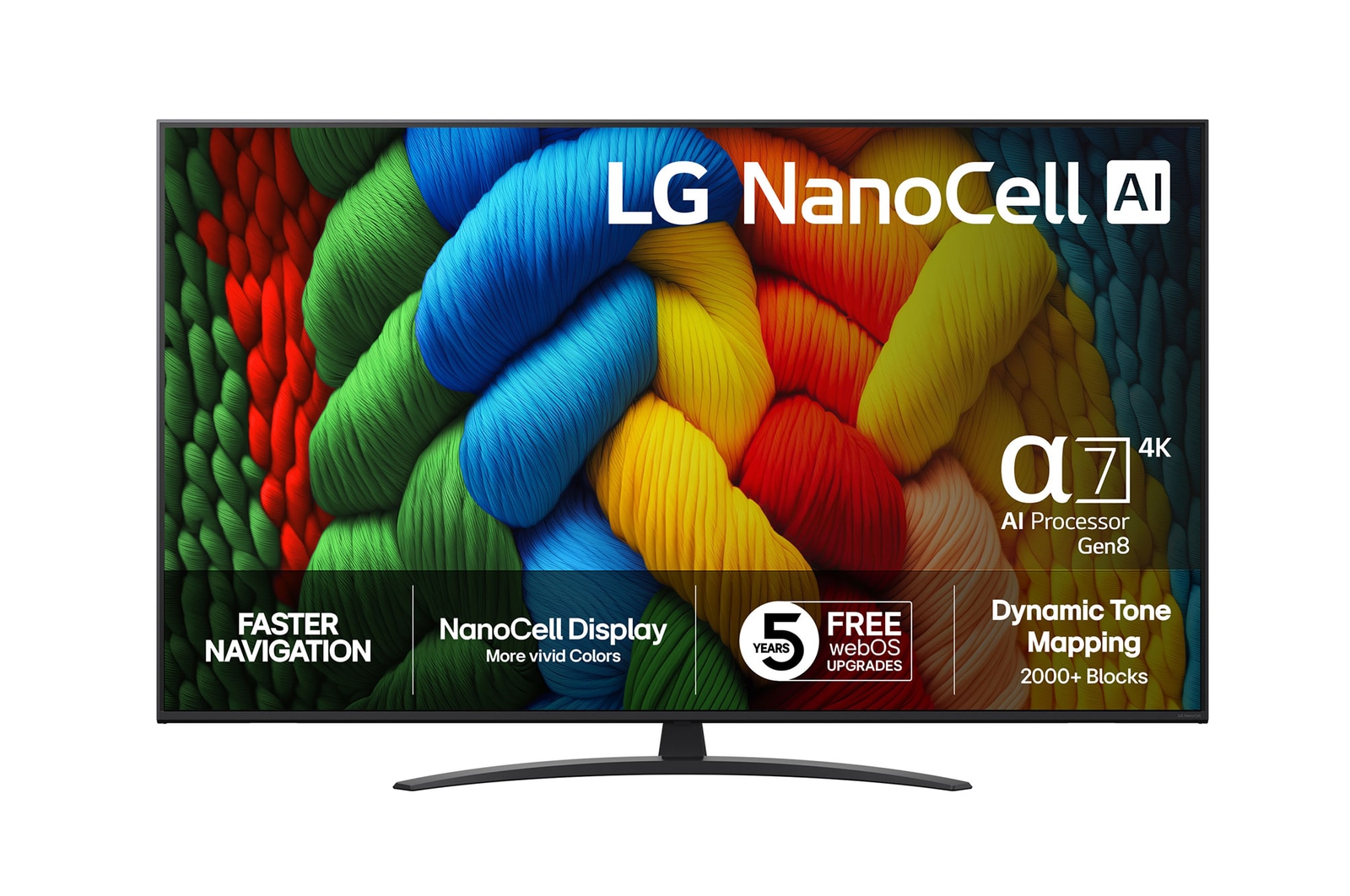 Vy framifrån av NanoCell TV, LG NanoCell Al-logotyp i det övre hörnet. LG NanoCell NANO80 TV visar färgglada målarfärgtexturer som möts.