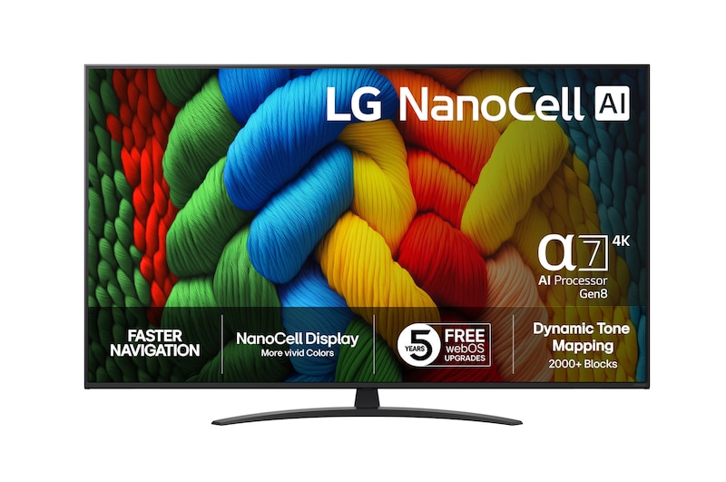 Vy framifrån av NanoCell TV, LG NanoCell Al-logotyp i det övre hörnet. LG NanoCell NANO80 TV visar färgglada målarfärgtexturer som möts.