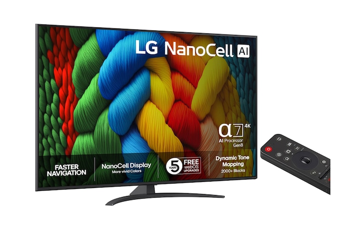 Vy bakifrån av LG NanoCell NANO80 TV.