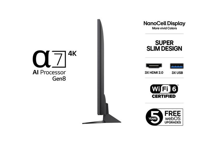 Vy från vänster av LG NanoCell NANO80 TV.